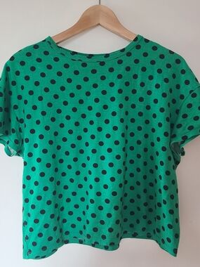 Zara Green Cropped Tee with Black Polka Dots